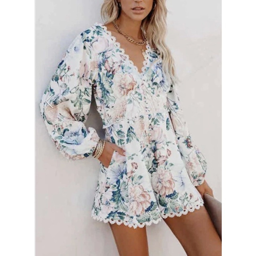 Luxxel Floral Lace Trim Romper Sz M Boho Feminine Cottagecore Coquette Botanical